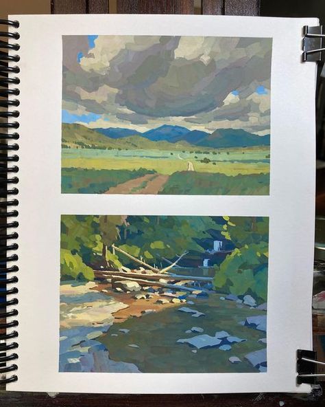 Landscape Design Aesthetic, Gouache Plein Air Painting, Gouache Scenery Painting, Gouache Landscapes, Guache Art, Gouache Landscape, Landscape Study, Gouache Color, A Level Art Sketchbook