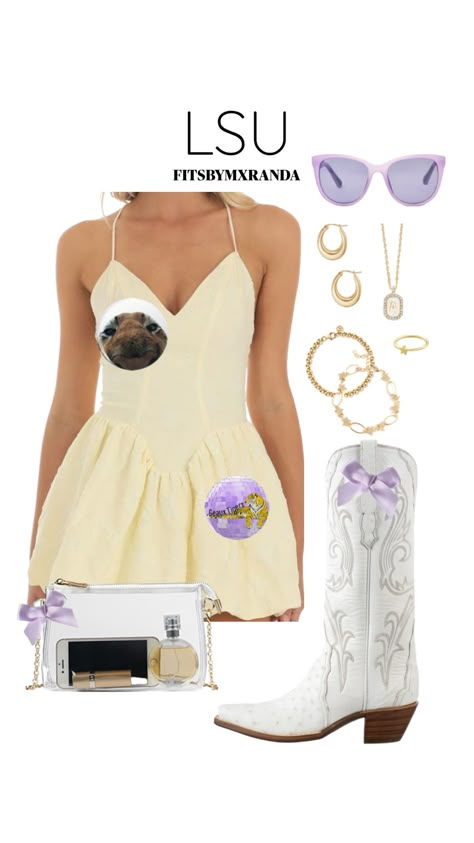 LSU GAMEDAY INSPO #outfitinspo #gamedayfit #gamedayoutfit #lsugameday #outfit Gameday Outfit Lsu, Lsu Sorority, Lsu Gameday, Lsu Outfits, Outfit Shuffles, Sorority Rush Outfits, Lsu Game, College Gameday Outfits, Summertime Dresses