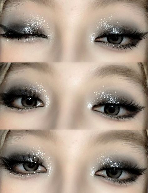 Black And Grey Eyeshadow Looks, Douyin Silver Makeup, Grey Douyin Makeup, Silver Douyin Makeup, Black Silver Eye Makeup, Dark Glitter Makeup, Black And Silver Eyeshadow, Grey Eyeshadow Looks, Makeup Inspo Grunge