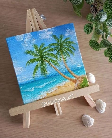 Small Canvas Beach Paintings, Summer Paintings On Canvas, Craft Ideas Simple, Beginner Painting On Canvas, Mini Tela, Canvas Art For Sale, Mini Toile, Fall Canvas Painting, Beach Art Painting