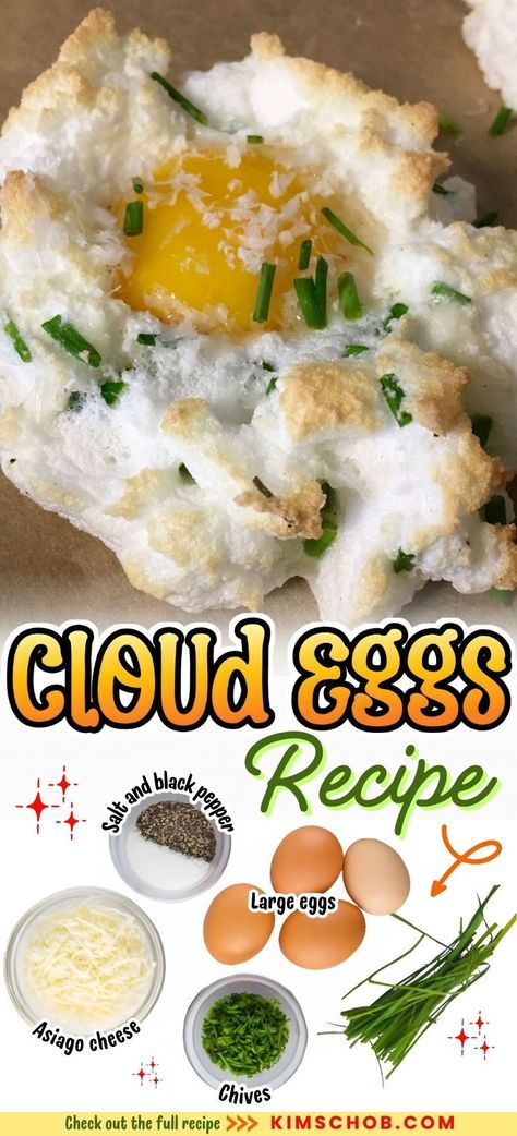 Take your eggs to new heights with this Tasty Cloud Eggs Recipe! Imagine light and fluffy whipped egg whites baked into dreamy "clouds" that cradle a runny yolk. Packed with melty cheese and fresh chives, this recipe is a delightful and impressive breakfast option that's surprisingly easy to make. Fluffy Baked Eggs, Fluffy Egg Whites, Garlic Butta Eggs Recipe, Cloud Eggs Recipes, Whipped Eggs, Impressive Breakfast, Boil Egg, Recipe With Cheese, Cloud Eggs