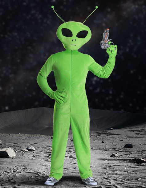 Plush Alien Costume Alien Men Costume, Men In Black Aliens, Green And Silver Alien Costume, Green Alien Costume, Abducted By Alien Costume, Men’s Alien Costume, Alien Carrying Human Costume, Space Themed Outfits, Costumes For Sisters