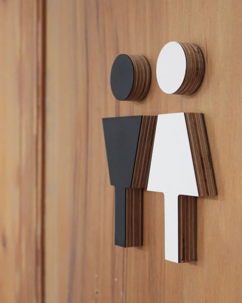 Male Female Bathroom Signs, Female Toilet Interior, Toilet Wayfinding, Plywood Signage, Wayfinding Architecture, Toilet Signage Design, Toilet Pictogram, Washroom Signage, Plywood Sign