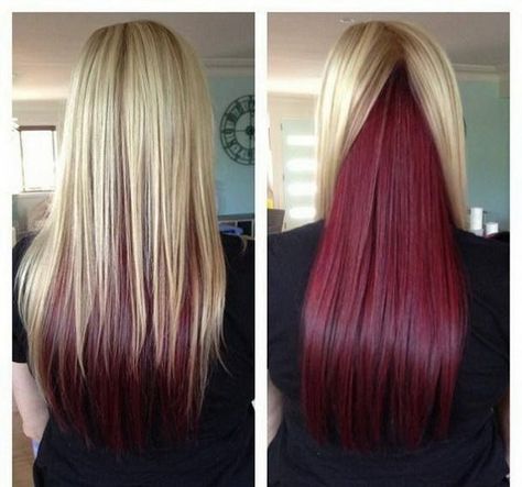 Long Straight Hair with Blonde on Top and Red Underneath. (Renee) Peekaboo Highlights, Long Blonde, Hair Color And Cut, Tone Hair, Long Straight Hair, New Hair Colors, Blonde Hair Color, Hair Dos, Purple Hair