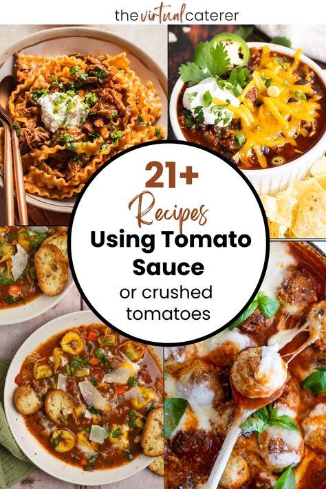 Are you wondering what to make with all those cans of crushed tomatoes or all that tomato sauce you have in your pantry?  Here is a great list of dishes you can make with tomato sauce or crushed tomatoes. We've got everything from easy weeknight dinners to hearty, comforting slow-cooked dishes. Can Crushed Tomatoes Recipes, Recipes Using Canned Tomato Sauce, Uses For Tomato Sauce, Meals With Tomato Sauce, Whole Tomato Recipes, Crushed Tomato Recipes, Recipes Using Tomato Sauce, Tomato Sauce Recipe Dishes, Recipes With Canned Tomatoes