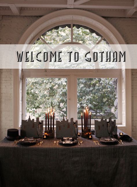 gotham city party Batman Party Supplies, Coco Kelley, Batman Decor, Batman Wedding, City Party, Batman Inspired, Halloween Tablescape, Disney Cars Birthday, Halloween Party Dinner