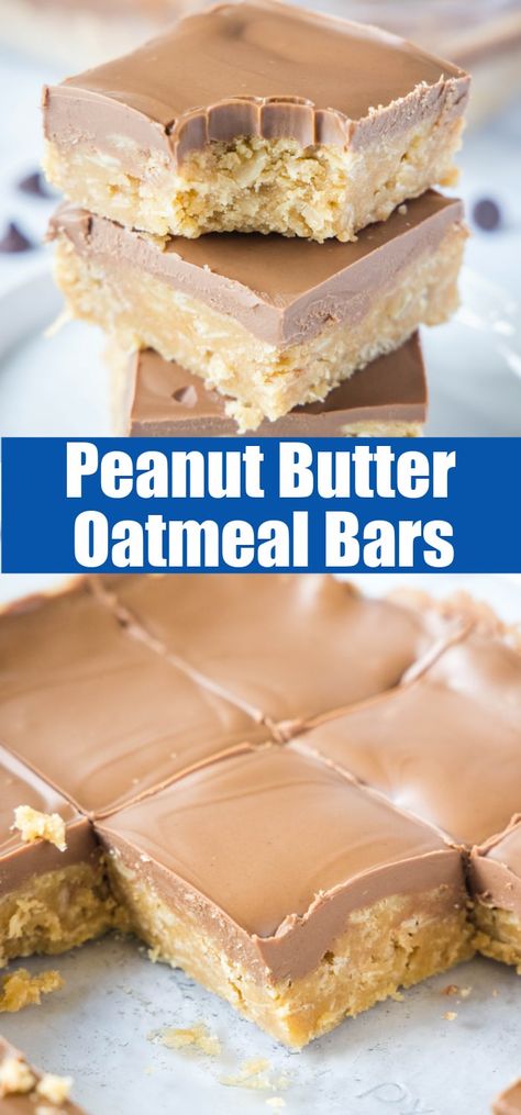 Peanut Butter Oatmeal Bars - This peanut butter cookie bars loaded with lots of oatmeal and topped with a peanut butter chocolate frosting that makes them over the top delicious! Peanut Butter Bars With Oats, Six Sisters Peanut Butter Bars, Peanut Butter Chocolate Oat Bars, Easy Snacks For Work Party, Bake The Perfect Cookie, Peanut Butter Mountain Bars, Oatmeal Recipes Dessert, Peanut Butter Blossom Bars, 8x8 Dessert Recipes