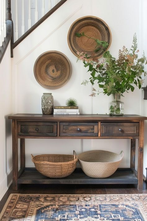 ✨ Entry Table Baskets, Modern Boho Entryway Ideas, Entryway Ideas Console Tables, Modern Boho Entryway, Boho Entryway Ideas, Modern Entryway Table, Entrance Table Decor, Entryway Table Modern, Entryway Table Decor Ideas