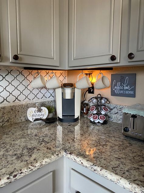 Coffee Cups Hanging Under Cabinet, Under Cabinet Mug Hooks, Coffee Mug Counter Display, Coffee Bar Ideas Under Cabinet, Mugs Hanging Under Cabinets, Mug Hooks Under Cabinet, Hanging Coffee Mugs Under Cabinet, Coffee Bar Under Cabinet, Hanging Mugs Under Cabinet