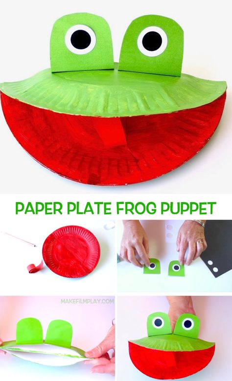 Frog Puppet, Paper Plate Crafts For Kids, Frog Crafts, Toddler Arts And Crafts, Paint White, Puppet Making, Animal Crafts For Kids, Paper Black, Paper Plate Crafts