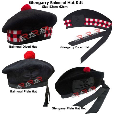 Men's Scottish Glengarry Kilt Hats Diced & Plain 100% Wool Piper 52-62 AAR New Coveralls Workwear, Scottish Hat, Scottish Costume, Scottish Bands, Kilt Belt, Band Uniforms, Leather Kilt, Uniform Accessories, Kilt Outfits