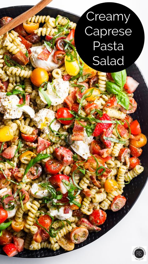 Enjoy a Creamy Caprese Pasta Salad with pasta, tomatoes, burrata, strawberries, bacon, and basil. It’s fast, simple, and crowd-pleasing good! Tomato Burrata Pasta, Salad With Pasta, Tomatoes Burrata, Caprese Pasta Salad Recipes, Burrata Pasta, Basil Pasta Salad, Asian Pasta, Burrata Recipe, Tomato Pasta Salad