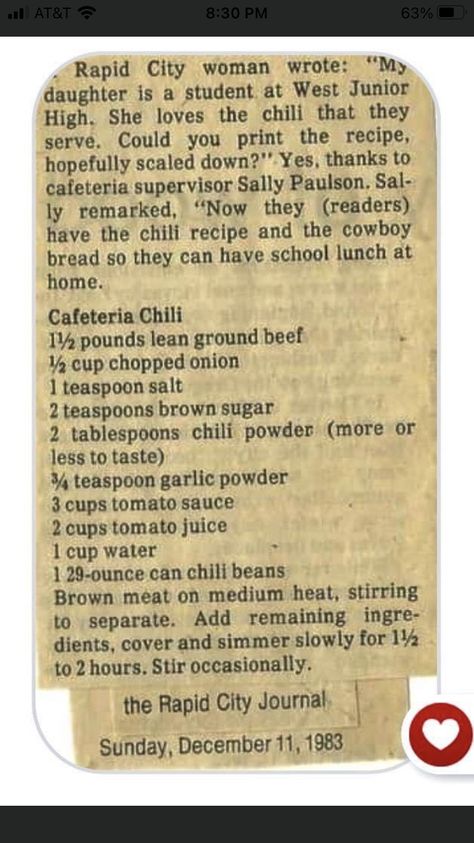 School Chili Recipe, Cafeteria Chili, Paula Deen Chili Recipe, Chili Soup Recipe, School Cafeteria Food, School Lunch Recipes, Cafeteria Food, School Recipes, Best Chili Recipe