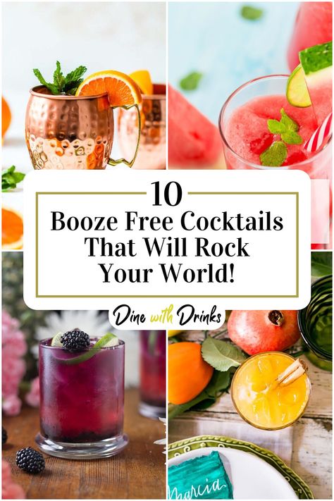 Collage of 4 booze free cocktails. Mock Cocktails, Fancy Cocktails Recipes, Best Mocktails, Most Popular Cocktails, Cocktail And Mocktail, Non Alcoholic Cocktails, Cooking Easy, Fancy Cocktails, Cocktail Drinks Recipes