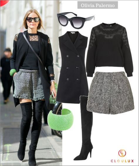 Olivia Palermo in Tweed Shorts und Overknee Stiefeln Shorts Outfit Winter, Tweed Shorts Outfit, Winter Shorts Outfits, Otk Boots Outfit, Outfit Shorts, Blue Outfits, Clothes Making, Olivia Palermo Style, Otk Boots