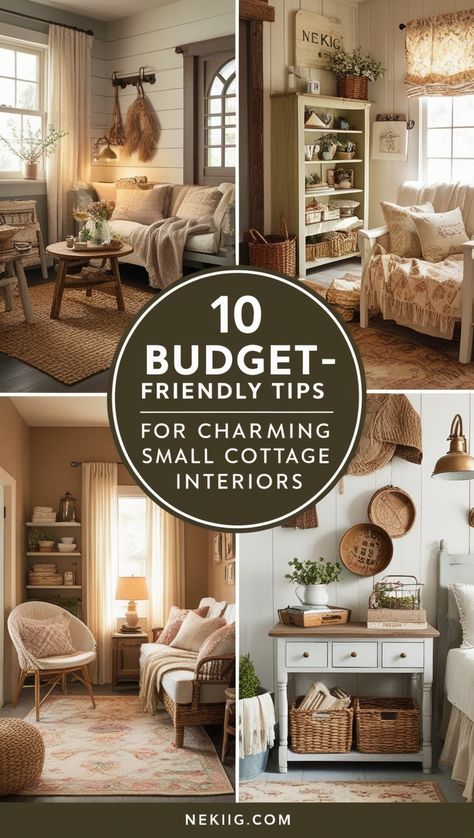 Get that cozy, cottage-chic look with these 10 budget-savvy tips! Perfect for small spaces, these ideas bring charm and functionality. #SmallCottageDesign #BudgetTips #CozyHome Small Apartment Cottage Style, Small Cottage Room Ideas, Cozy House Cottage, Cozy Cottage Ideas, Cottage In The Woods Fairytale Interior, Cottage Den Ideas, Cottage Feel Home, Finnish Cottage Interior, Bavarian Cottage Interior