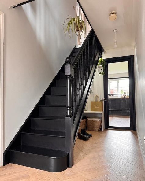 27 Dark Staircase Ideas – Transform Your Home with Elegant Designs Dark Stained Stairs, Light Floors Dark Walls, Dark Staircase Ideas, Black Baseboards, Black Painted Stairs, Dark Staircase, Stairs And Hallway Ideas, Staircase Lighting Ideas, Black Staircase