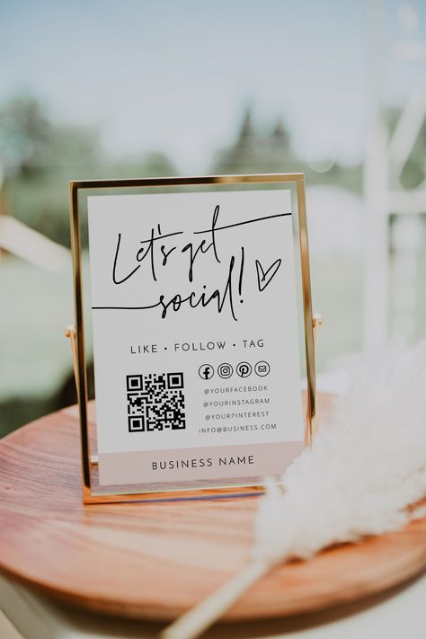 "Let's Get Social Sign, Social Media Sign Template, Small Business Sign, QR Code Sign, Facebook, Instagram Sign, Follow Us on Social Media INSTANT DOWNLOAD - Once you have placed your order you will receive a link to edit your template online using the online software Templett. No waiting around - get instant access! Please note that this listing is for a digital file. No physical product will be shipped. ★ SPECIFICATIONS ★ - 5x7\" Sign Template - 8x10\" Sign Template - Alternate Icons ★ HOW IT WORKS ★ 1. After purchase, you will receive an email from Templett (it can take up around 5-10 minutes to receive the email due to order processing). Please check your spam/junk folder if you don't see it in your inbox. 2. Access your template using the link in the email. You can also access your te Photobooth Business Ideas, Honeymoon Fund Sign, Stand Feria, Follow Us On Social Media, Qr Code Sign, Small Business Signs, Book Photos, Honeymoon Fund, Social Media Signs