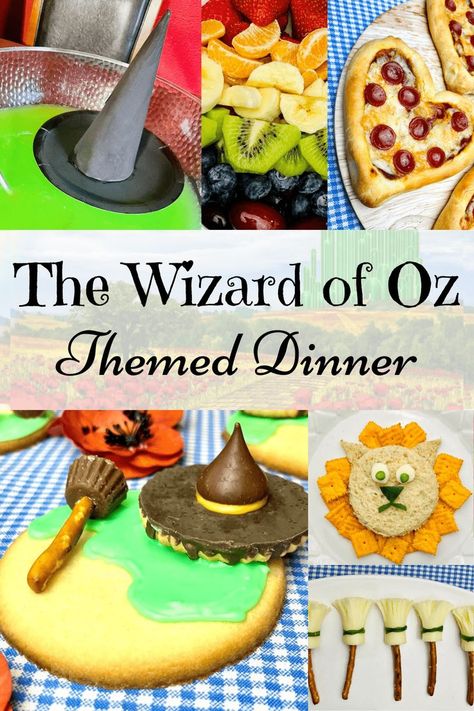 The Wizard of Oz Themed Dinner Wizard Of Oz Bedroom Ideas, Wizard Of Oz Snack Ideas, Elemental Themed Food, Wizard Of Oz Movie Night, Wizard Of Oz Party Ideas Food, Wizard Of Oz Desserts, Wizard Of Oz Snacks, Wizard Of Oz Themed Food, Wizard Of Oz Party Food