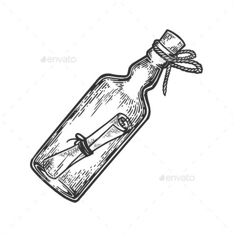 Bottle Doodle, Message In Bottle, Bottle Engraving, Letter In A Bottle, Message Bottle, Engraving Tattoo, Pirate Tattoo, Bottle Tattoo, Bottle Drawing