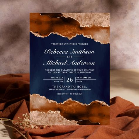 Invite your guests with this elegant wedding invite featuring a beautiful gemstone design with faux glitter accents. Simply add your event details on this easy-to-use template to make it a one-of-a-kind invitation. Terracotta And Navy Wedding Invitations, Navy And Bronze Wedding, Royal Blue And Burnt Orange Wedding, Navy Burnt Orange Wedding, Navy Terracotta Wedding, Copper And Navy Wedding, Navy And Terracotta Wedding, Navy Blue And Burnt Orange Wedding, Navy Blue And Terracotta Wedding