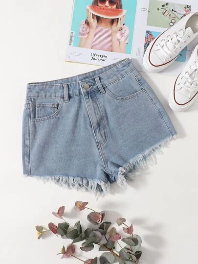 Jean-ious Fit Grey Ripped Jeans, Light Blue Jean Shorts, Summer Denim Shorts, Shein Shorts, Slash Pocket, Summer Shorts Denim, Denim Jeans Ripped, Ripped Mom Jeans, Ripped Boyfriend Jeans