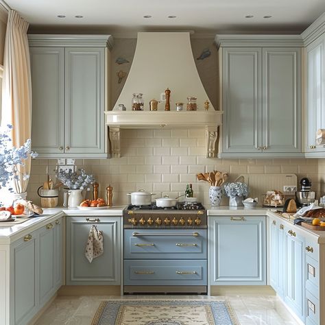 kitchen inspo, kitchen ideas, french country kitchen, french kitchens French Grey Kitchen, Vintage Blue Kitchen, French Blue Kitchen, French Country Cabinets, Innovative Kitchen Ideas, French Kitchen Design, Princess Cottage, Complete Kitchen Remodel, French Kitchens