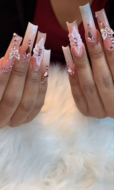 Stilleto Nails With 3d Flowers, Pink Nails Acrylic Quince, Light Pink Quince Nails Long, Xl Long Acrylic Nails Bling, Trending Acrylic Nails Purple, Light Pink Nails Quince, Quince Nails Blush Pink, Blush Prom Nails, Pink Quinceanera Nails Long