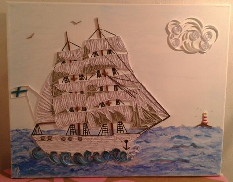 Wall art, sea ship, ocean, lighthouse by paper quilling and acryl colours Quilled Artwork, Ocean Lighthouse, Sea Ship, Barn Animals, Inanimate Objects, Paper Stuff, Art Sea, Pirate Ship, Paper Quilling