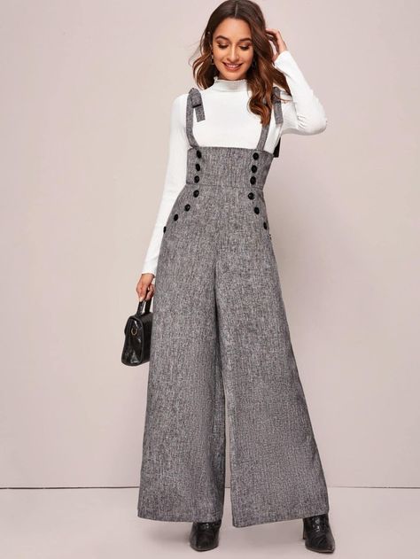 Grey Overalls, Suspender Jumpsuit, Mode Inspiration, Wide Leg Jumpsuit, Grey Fashion, Jumpsuits For Women, Work Outfit, Double Breasted, Chic Style