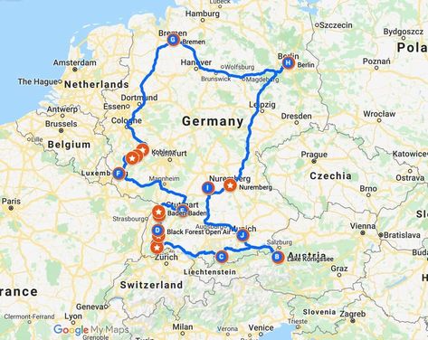 map of your Germany road trip route Romantic Road Germany Map, Germany Road Trip Map, German Road Trip, South Germany Road Trip, Germany Road Trip Itinerary, Landstuhl Germany, Frankfort Germany, Germany Road Trip, Germany Bremen