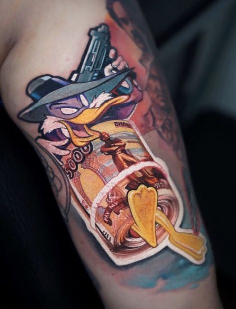 Money Maker Tattoo, Money Tattoos, Colorful Tattoo, Engraving Tattoo, Cartoon Tattoo, Darkwing Duck, Money Tattoo, Color Cartoon, Tatuaje A Color