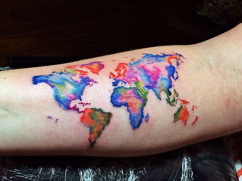 Watercolor tattoo  The world atlas Watercolor Travel Tattoo Ideas, Watercolor World Map Tattoo, America Continent Map, World Map Tattoo, World Map Tattoos, Atlas Tattoo, Map Tattoo, Tattoo Travel, Map Watercolor