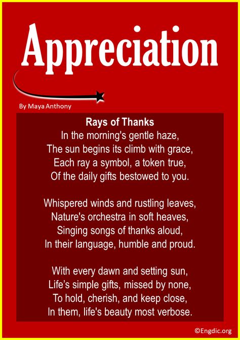 <p>Delve into the heart of thankfulness with these 20 evocative poems. Each piece captures the profound essence of gratitude and appreciation, reminding us of the simple joys and profound moments that enrich our lives. Join us on this poetic journey and rediscover the beauty of being grateful. Short Poems about Appreciation 1. Rays of Thanks This poem captures the essence of finding beauty and appreciation in everyday life. Every day presents opportunities to be grateful, from the simplest ac... Poems About Appreciation, Thank You Poems Gratitude, Poems About Thankfulness, Thank You Poem Gratitude, Sincere Thank You Note Gratitude, Thankful Poems, Gratitude Poems, Relaxation Scripts, Funny Poems