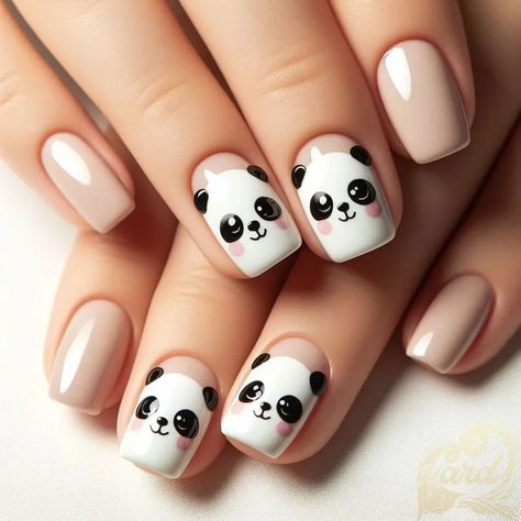 https://card9.com/ai/petite-panda-nail-set Nail Art Animals Cute, Boba Nails, Panda Acrylic Nails, Panda Nails Designs, Panda Nails Art, Nail Panda, Cute Panda Nail Art, Panda Nails, Giraffe Nails