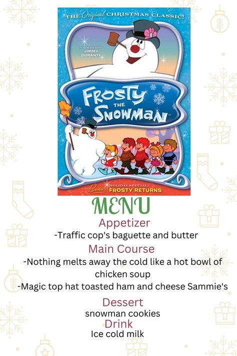 Frosty The Snowman Party Food, Frosty The Snowman Party Ideas, Frosty Movie Night, Frosty The Snowman Movie Night, Frosty The Snowman Party, Movie Themed Dinner Ideas, Hanukkah 2023, Themes Dinner Nights, Theme Dinners Ideas