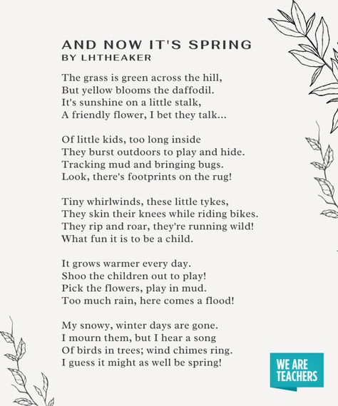 26 Beautiful and Inspiring Spring Poems for the Classroom Poem On Spring Season, Spring Poems For Kids, Spring Poetry, Summer Poems, Garden Poems, Seasons Poem, Spring Poem, Poems About School, Poems For Kids