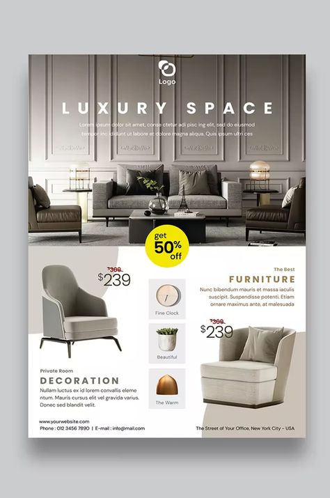 Furniture Flyer Design, Flyers Design Layout, Interior Design Flyer, Promotion Flyer, Advertising Flyers, Product Flyer, Flyer Design Layout, Flyers Design, Furniture Ads