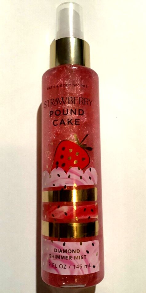 Bath And Bodyworks Strawberry Pound Cake, Strawberry Body Spray, Body Bath Works, Bath And Body Works Glitter Spray, Strawberry Smelling Products, Pound Cake Bath And Body Works, Strawberry Body Products, Bath And Body Works Strawberry Pound, Strawberry Pound Cake Bath And Bodyworks