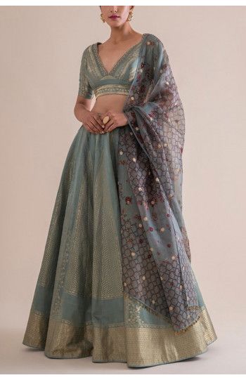 Ekaya  Mint green silk lehenga set  AU$1,647 Half Saree Lehenga Wedding, Saree Convocation, Engagement Saree Ideas, Flower Lehenga, Wedding Fits, Cloth Ideas, Simple Lehenga, Outfit Pieces, Indian Outfits Lehenga