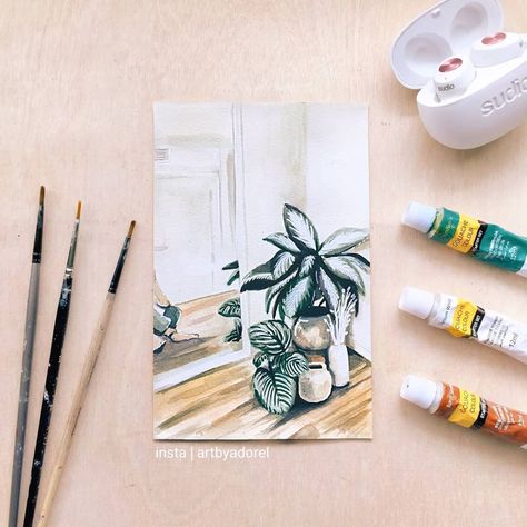 719 Likes, 69 Comments - Adorel | Bullet Journalist 🖌 (@artbyadorel) on Instagram: “I did another quick houseplant painting with #gouache and #watercolor ! • • • I can never paint…” Houseplant Painting, Spiral Design Art, Portrait Unique, Whimsical Art Journal, Drawing Interior, Interior Design Sketches, Interior Sketch, Architecture Home, Custom Interior