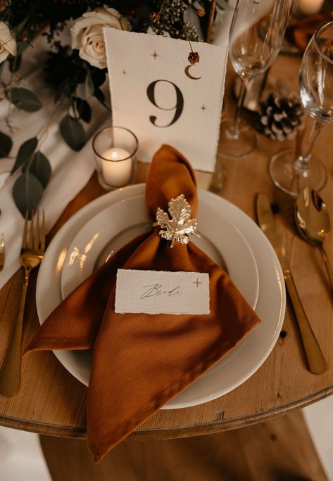 Wedding Napkin Folds, December Wedding Ideas, Wedding Napkin Folding, Napkin Folds, Burnt Orange Weddings, Wedding Tableware, Wedding Napkin, Celestial Wedding, Picnic Wedding