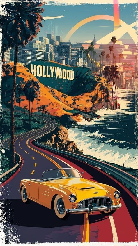 Retro California Poster, Retro Poster Design Vintage Prints, America Wallpaper Aesthetic, Retro California Aesthetic, Motorcycle Logo Design, Tourist Poster, Vintage Travel Stickers, Logos Aesthetic, Retro Car Poster