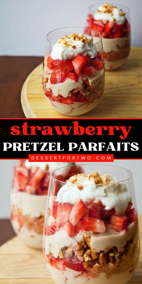 Looking for the best summer breakfast idea? These Strawberry Pretzel Parfaits are salty, creamy, sweet, and crunchy! This summer breakfast recipe is made of brown sugar yogurt, macerated strawberries, and pretzels with cinnamon. Save this pin! Pretzel Parfait, Summer Breakfast Recipes, Light Summer Meals, Macerated Strawberries, Parfait Recipe, Strawberry Pretzel Salad, Pretzel Salad, Strawberry Pretzel, Easy Meals For Two