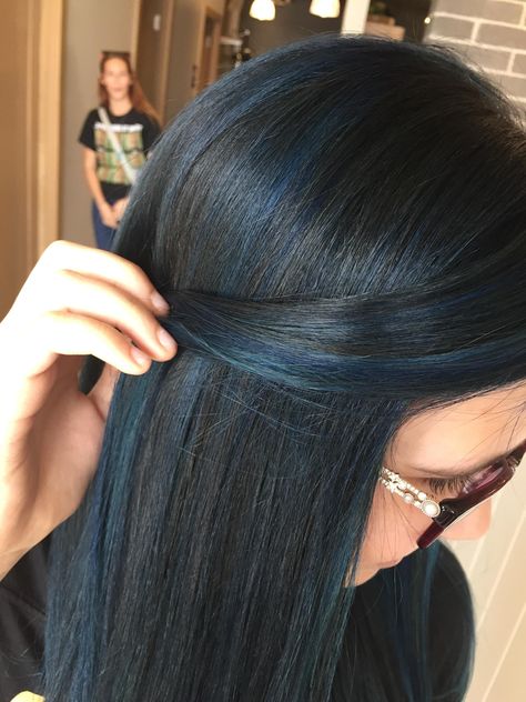 Raven Blue Hair Color, Blue Black Hair Highlights, Navy Blue Hair Color Highlights, Dark Brown Hair Blue Highlights, Raven Blue Hair, Black Hair With Dark Blue Highlights, Midnight Blue Balayage, Blue Hair Color Highlights, Raven Hair Color