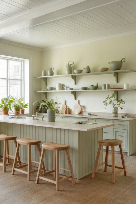 Spacious kitchen with a large sage green island, creating a focal point and functional workspace. Sage Green Kitchen Accessories, Beige And Green Kitchen, Sage Green Kitchen Island, Sage Green Kitchen Decor, Kitchen Sage Green, Sage Green Kitchens, Kitchen Island Inspiration, Green Kitchens, Green Kitchen Island