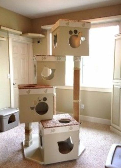 Cardboard box cat tree Make A Cat Tree, Cat Box Furniture, Tree Cardboard, Cat House Plans, Chat Diy, Kat Diy, Cardboard Cat House, Cat Castle, Diy Cat Tree