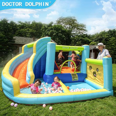 Multiple entertainment features: this large inflatable water slide park contains a climbing wall, ball pool and throwing net, the top of water slide is a water sprinkler, you will feel more summer-fun when slipping through the slide. Kids Bouncy Castle, Water Bounce House, Climbing Wall Kids, Castle Bounce House, Bounce House With Slide, Kids Castle, House Slide, Inflatable Water Park, Inflatable Bounce House