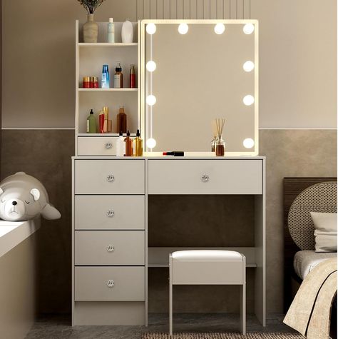 Small Vanity Desk with Mirror and Lights, Makeup Vanity Table Set with Stool, 6 Drawers & Storage Shelves, White Vanity with Sliding Mirror, Lighted Desk and Chair Vanity Set, Crystal Knobs H3139UK Sliding Door Mirror, White Dresser With Mirror, Small Vanity Desk, Makeup Vanity Ideas Bedrooms, Styles Of Home Decor, Vanity Inspiration, Lights Makeup, Vanity Desk With Mirror, Desk With Mirror