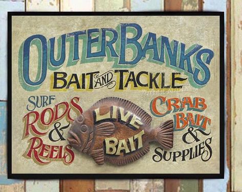 Tradewinds Bait and Tackle Fishing Print from an Original Hand | Etsy Seafood Sign, North Carolina Art, Tackle Shop, Bait And Tackle, Fishing Signs, Antique Signs, Vintage Tin Signs, Vintage Fishing, Banks